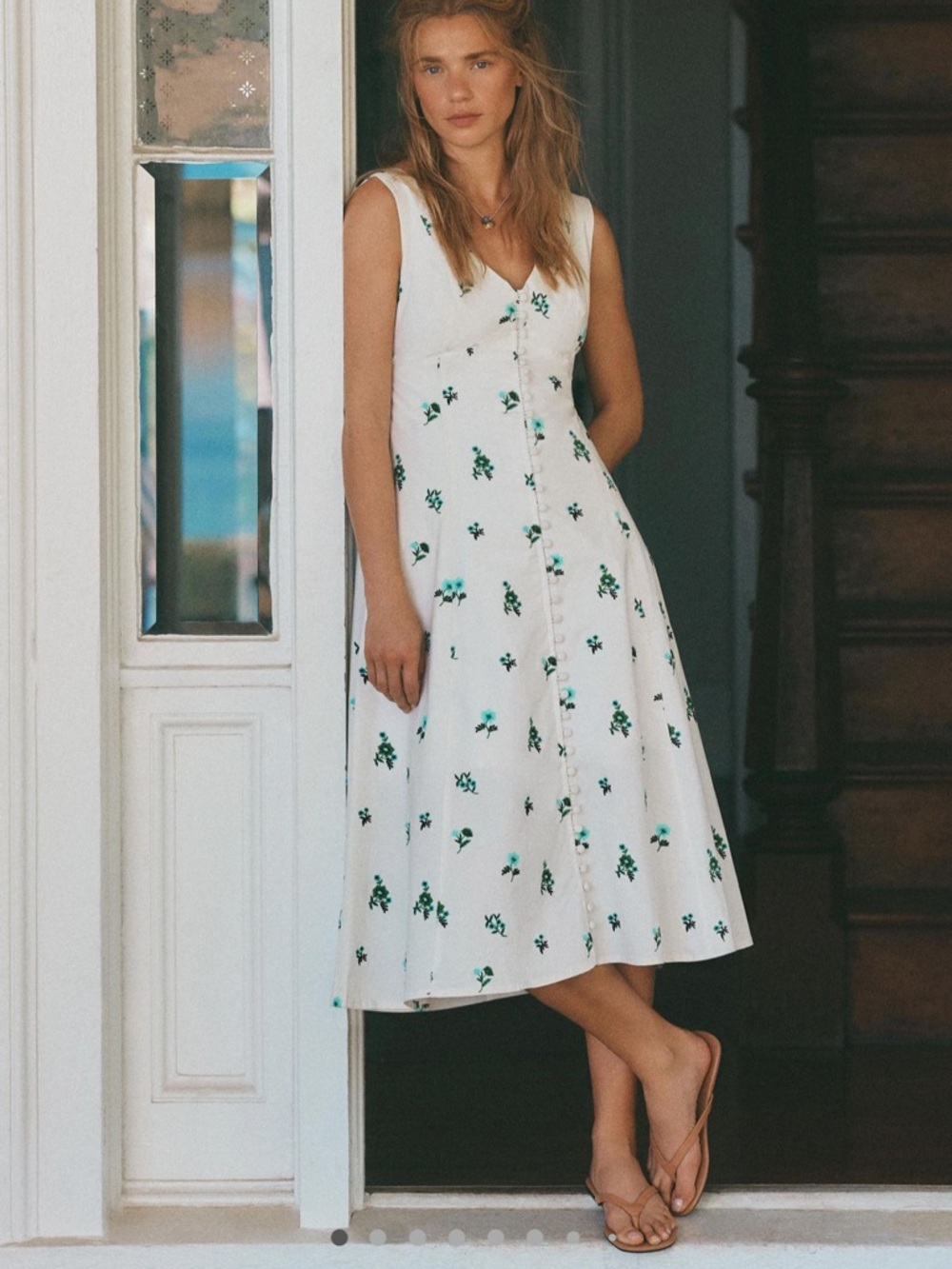 White Floral Button-Front Midi Dress